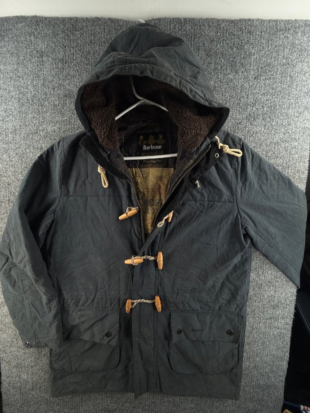 Barbour Kirkham 8oz Duffle Waxed Jacket Hooded Toggle Canvas Tartan Blue Medium